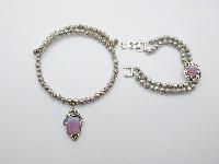 1990s Silver Metal Bead Flexible Choker Opaline Pendant and Bracelet Set 
