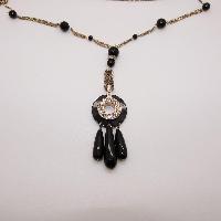 Vintage 30s Style Black Glass and Diamante Pendant Tassel Flapper Necklace