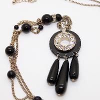 Vintage 30s Style Black Glass and Diamante Pendant Tassel Flapper Necklace