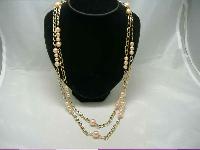 1980s 2 Row Pink Faux Pearl Bead & Gold Chain Necklace