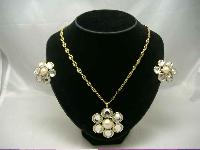 80s Diamante & Pearl Flower Necklace Brooch & Earrings