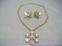 80s Diamante & Pearl Flower Necklace Brooch & Earrings