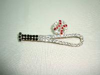 Vintage 80s Black Red and Clear Diamante Baseball Bat Figural Brooch