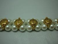 1980s 2 Row Glass Faux Pearl & Gold Ying Yang Bracelet
