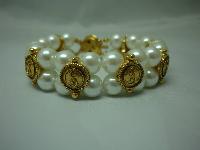 1980s 2 Row Glass Faux Pearl & Gold Ying Yang Bracelet