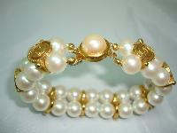 1980s 2 Row Glass Faux Pearl & Gold Ying Yang Bracelet