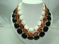 Vintage 50s Style 3 Row Chunky Black Amber Cream Bead Necklace