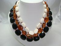 Vintage 50s Style 3 Row Chunky Black Amber Cream Bead Necklace