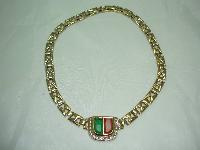 Vintage 80s  Red and Green Glass Diamante Fancy Gold Link Necklace FAB