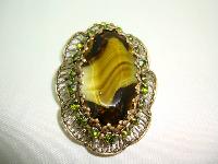 Vintage 50s Large Moss Green Agate Glass and Diamante Scallop Brooch