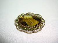 Vintage 50s Large Moss Green Agate Glass and Diamante Scallop Brooch