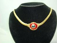 Vintage 80s Red Enamel Blue Diamante Gold Necklace   
