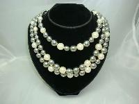 1950s Style 3 Row Faux Pearl & Silver Bead Necklace 