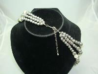 1950s Style 3 Row Faux Pearl & Silver Bead Necklace 