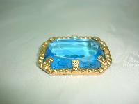 Vintage 50s Big Turquoise Blue Faceted Glass Stone Gold Brooch Signed!