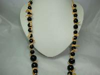 1970s Style Long Black Glass Bead Necklace with Bows!