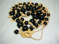 1970s Style Long Black Glass Bead Necklace with Bows!