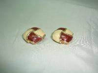 Vintage 80s Quality 2 Tone Cream + Brown Enamel Gold Clip On Earrings 