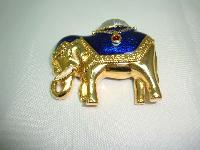 Vintage 80s Blue Enamel & Crystal Gold Elephant Brooch