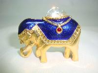 Vintage 80s Blue Enamel & Crystal Gold Elephant Brooch