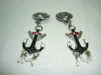 1980s Nautical Anchor Enamel Silver Clip On Earrings 