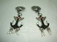 1980s Nautical Anchor Enamel Silver Clip On Earrings 