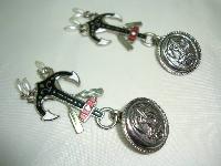 1980s Nautical Anchor Enamel Silver Clip On Earrings 