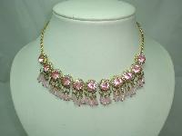 1950s FAB Pink Diamante Flower Bead Drop Gold Necklace 