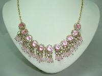 1950s FAB Pink Diamante Flower Bead Drop Gold Necklace 