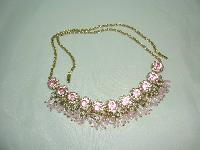 1950s FAB Pink Diamante Flower Bead Drop Gold Necklace 