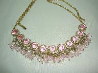 1950s FAB Pink Diamante Flower Bead Drop Gold Necklace 