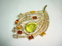 1950s Green Citrine Orange Diamante Floral Leaf Brooch 