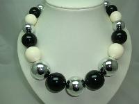 1970s Style Chunky Black Silver Cream Bead Necklace WOW