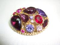Vintage 50s Sphinx Purple Pink Glass Diamante Domed Gold Brooch