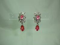 1950s Signed Jewelcraft Ornate Pink Diamante Necklace Brooch Earrings