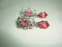 1950s Signed Jewelcraft Ornate Pink Diamante Necklace Brooch Earrings