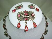 1950s Signed Jewelcraft Ornate Pink Diamante Necklace Brooch Earrings