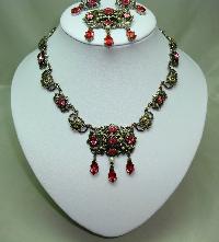 1950s Signed Jewelcraft Ornate Pink Diamante Necklace Brooch Earrings