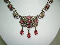 1950s Signed Jewelcraft Ornate Pink Diamante Necklace Brooch Earrings