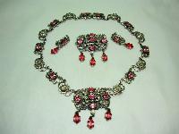 1950s Signed Jewelcraft Ornate Pink Diamante Necklace Brooch Earrings