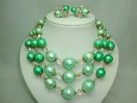 50s Signed Vendome 3 Row Green Pearl  Crystal Necklace and Earrings 