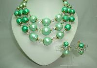 50s Signed Vendome 3 Row Green Pearl  Crystal Necklace and Earrings 