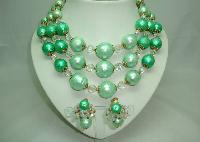 50s Signed Vendome 3 Row Green Pearl  Crystal Necklace and Earrings 