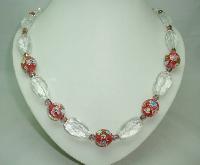 Vintage 30s Crystal & Pink Venetian Murano Glass Flowers Bead Necklace