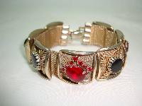Vintage 50s Wide Gold Link Red & Black Diamante Bracelet 