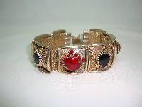Vintage 50s Wide Gold Link Red & Black Diamante Bracelet 