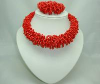 Stunning Chunky Reddish Orange Glass Seed Bead Necklace + Bracelet Set