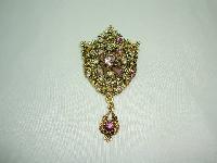 Vintage 50s Elaborate Purple Diamante Gold Drop Brooch