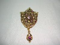 Vintage 50s Elaborate Purple Diamante Gold Drop Brooch