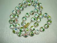 White Green Blue & Gold Cloisonne Flower Bead Necklace